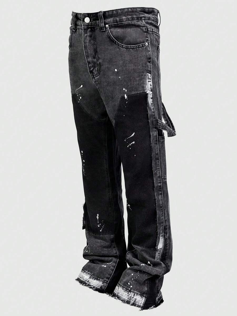 男士实用牛仔裤，直筒喇叭裤，做旧多口袋休闲裤，时尚，emo 风格 - 黑色 - 查看 1