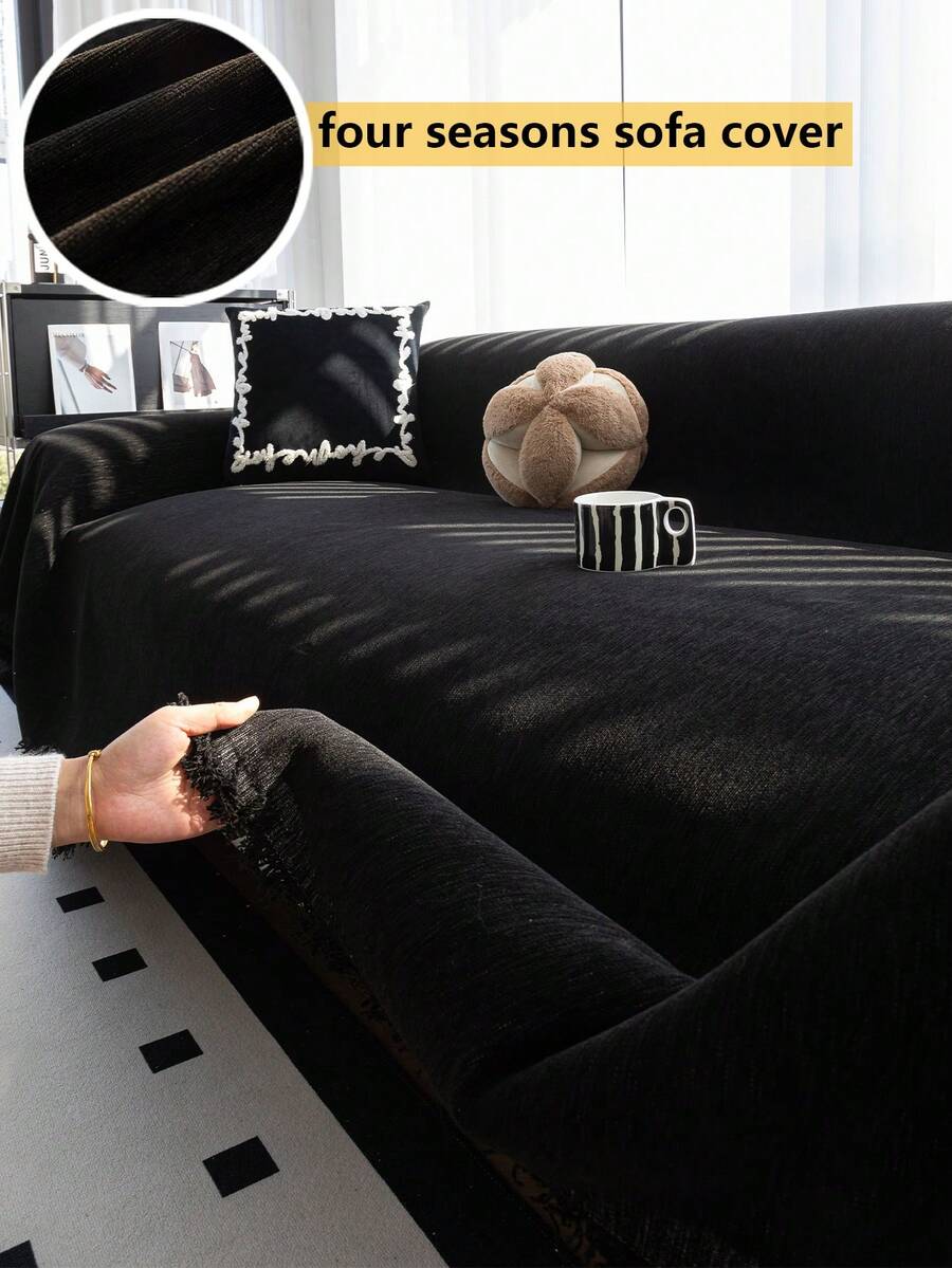 1pc Modern Soft Tassel Sofa Cover, Machine Washable, Pet Friendly, Black Sofa Throw Blanket, Dust-Proof Furniture Slipcover, Suitable For Armchair, Sectional Sofa, Home And Office Decor