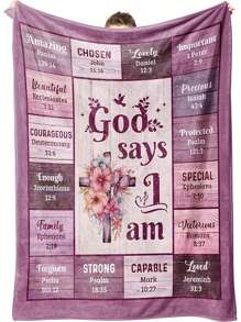 Warm Wool Blanket With Religious Theme, Featuring Inspiring Bible Verses And Floral Decorations, Comfortable And Soft, Suitable For Home Use, Decorative And Practical