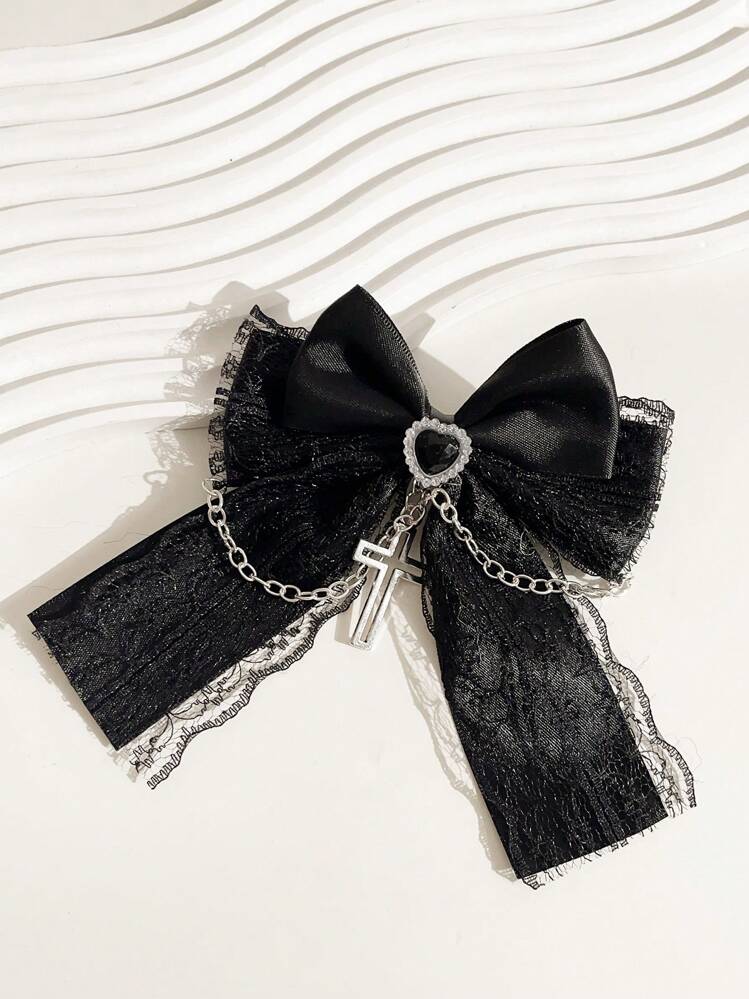 1개 Y2K 고딕 스타일 수제 실버톤 체인 잠금 하트 크리스탈 CCB, 블랙 레이스 네트 + 새틴 보우 조합, 속이 빈 십자가 펜던트 장식 헤어 클립, 로리타 스타일, 걸/여학생 데일리 웨어, 발렌타인데이 선물 클로 클립 헤어 클로 헤어 바레트, 학교 용품, 우아함, 대학, 활, 귀여움, 파티 룩에 적합