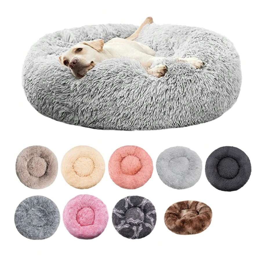 Cama redonda para perros, cama cálida de invierno para gatos, cesta de felpa para perros, cama lavable para mascotas, sofá para perros pequeños, medianos y grandes - Cuadrícula gris - Ver 1