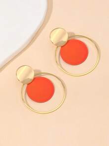 1pc Metallic Circular Disc Earrings, Creative Design Gift For Her - Black - View 6