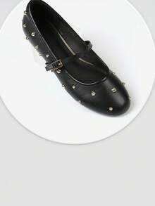 Ballet Flats For Womens Closed Round Toe Block Flat Heels Gemstone Decor Adjustable Metal Buckle Strap Flat Sandals Party Wedding Prom Bridal Business Casual Spring Summer Comfy Ballerina Shoes - 黑色 - 查看 5
