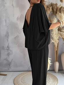 [Casual Pants Suit] Casual Solid Color Women's Pants Suit | Half Sleeve V-Neck Top And Wide Leg Pants Clothing - màu đen - Xem 3