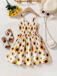 Young Girl Vacation Energetic Sunflower Ruffle Strap Bowknot Dress, Fresh And Energetic Yellow Color, Waist Gathered Ruffle Design, Suitable For Summer Outdoor Play, Beach Vacation, For Girls Aged 4-7, Spring/Summer - White - View 2