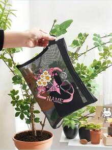 Personalized Large Capacity Mesh Makeup Bag With Zipper Pouch, Pencil Case, Travel Bag, Transparent Square Cosmetic Bag For Women, Custom Name Gift - Multicolor - View 4