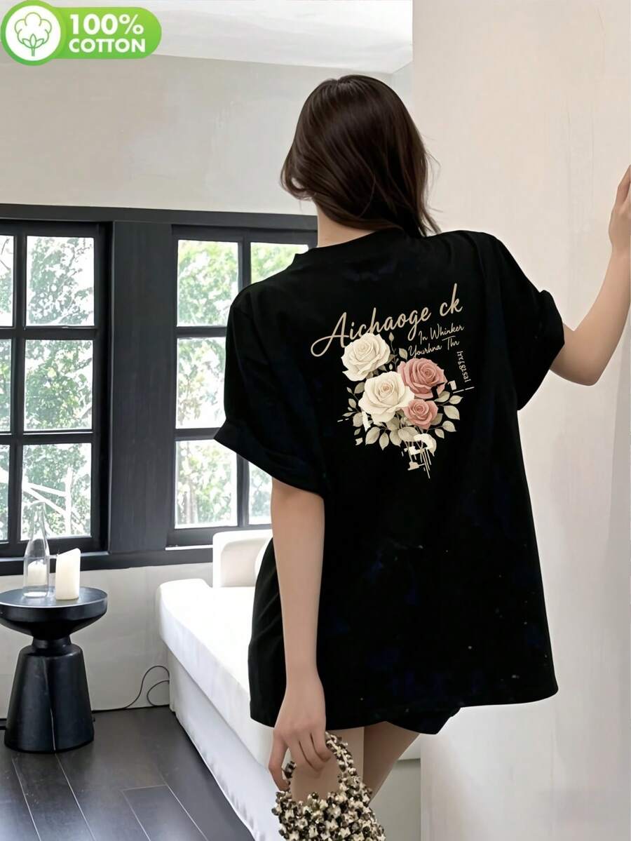 200g Pure Cotton T-Shirt 2025 Summer Ladies New Short Sleeve Pure Cotton Holiday Pattern Short Sleeve Round Neck Couple Wear Small Shirt Tops - 黑色 - 查看 1