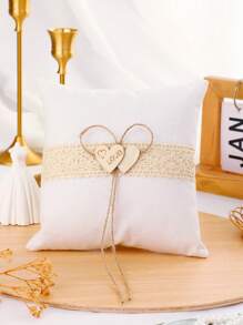 1pc Wedding Ring Pillow, Bridal Wedding Ring Pillow, Flower Girl Ring Bearer Pillow, Double Heart Wooden Square Small Ring Pillow, Western Wedding Decor Prop (Ring Not Included)