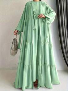 2 Stück/Set einfarbiger Laterne Ärmel geraffter langer bescheidener Morgenmantel Abaya & Kleid, Arabischer Stil - Grün - Übersicht 3