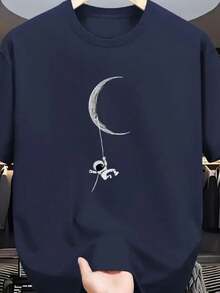 Men's Shirt With Astronaut Moon Launch Print, 100% Cotton, Round Neck - Navy Blue - View 2