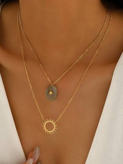 YUZENG 1 件防水 14k 镀金不锈钢法式优雅风格宝石太阳吊坠多层项链女士