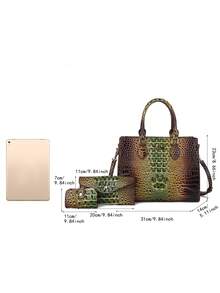 3-Piece Set: Colorful Crocodile Pattern Large Capacity Faux Leather Tote & Crossbody Bags With Matching Wallet Combo - 1# Green + brown - View 7