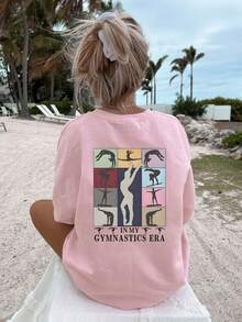 Vintage Gymnastics Themed Graphic Tween Girl Short Sleeve Oversized T-Shirt, Casual Street Wear For Spring/Summer, Suitable For Kids' Outdoor Activities And Play, Easy Care - Pink - View 4