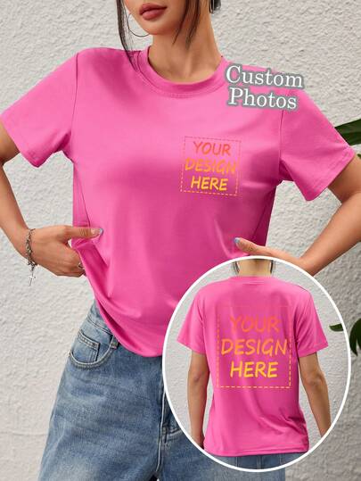 Camiseta feminina personalizada - Adicione sua foto (paisagem/emblema/casal/família/selfie/animal de estimação, etc.), estampa na frente e nas costas. Crie sua camiseta personalizada. Ótima opção de presente para namorada, camiseta combinando para casal, presente para o Dia das Mães.