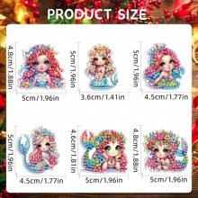 6 piezas Kits de pintura de diamante 5D para llaveros DIY, belleza de dibujos animados, llavero de arte de diamante con patrón de sirena, llavero de mosaico hecho a mano apto para principiantes