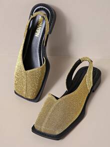 Damen Elastische Slip-On Quadratische Zehenriemchen Sandalen - Frühling/Herbst Geschlossene Zehe Flach mit Glitzer Stoff Glänzend Gold Obermaterial, Bequeme Gummisohle und Knöchelriemen - Lässig & Formell Doppelnutzung, Alltäglicher Gebrauch, Modisch und langanhaltend Rutschfeste Schuhe