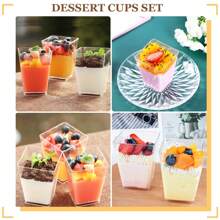 5 oz Vasos de postre cuadrados de plástico transparente en miniatura, copas de vino de postre redondas con tallo, pequeños vasos reutilizables para fruta, helado, pudín, aperitivos, adecuados para fiestas