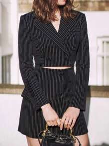 Conjunto de 2 Peças com Jaqueta Cropped de Manga Longa com Botões em Cruzado e Decote em V Listrado e Saia Mini Ajustada de Cintura Alta, Adequado para Escritório, Noite, Encontros, Férias, Uso Casual, Outono/Inverno