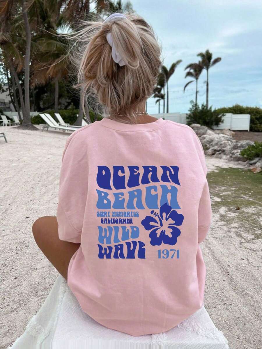 Tween Girls' Summer Vacation Casual Hibiscus Flower Slogan Print Soft Breathable Oversized T-Shirt