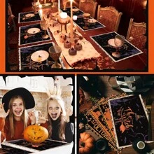 1 pieza/4 piezas Manteles individuales de lino de Halloween, manteles individuales para el desayuno o la cena, accesorios de cocina, fáciles de limpiar, aptos para fiestas de Halloween, mesa de comedor, hogar, restaurante, decoración de restaurante, con diseños de calabaza, bruja y fantasma