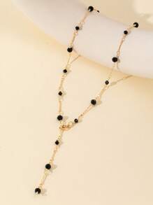 1pc Black Glass Bead, Shell, Zirconia Pendant Y-Shaped Necklace, Elegant & Sophisticated Minimalist Luxury Bling Jewelry For Daily, Date, Party, Holiday, Anniversary, Birthday Gift, Sexy & Cute