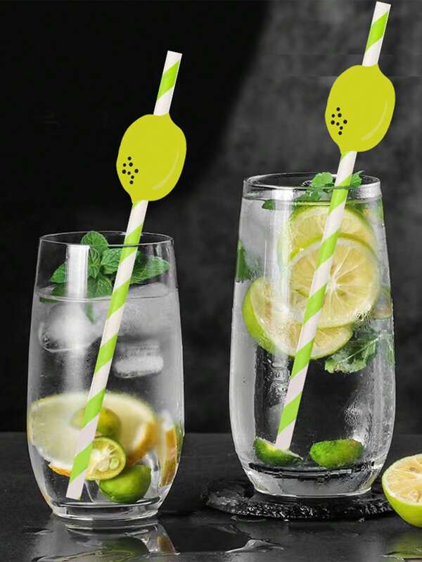 10 Pineapple, Lemon, Strawberry And Star Fruit Striped Paper Straws, Disposable Tableware, Birthday Party Straw Decoration, Pineapple, Strawberry, Fruit Milk Tea, Juice Milk, Bar Cold Drink And Ice Drink Striped Straws