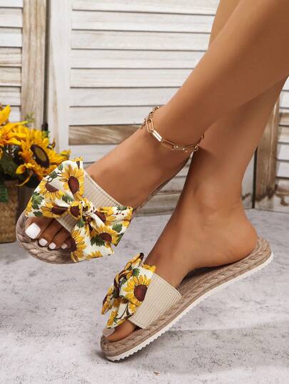 Damen Sandalen mit Schleifen-Dekoration, runde Zehenpartie Slip-On Sommerschuhe, leichte Damen Strandpantoffeln, rutschfeste Damen Zehentrenner