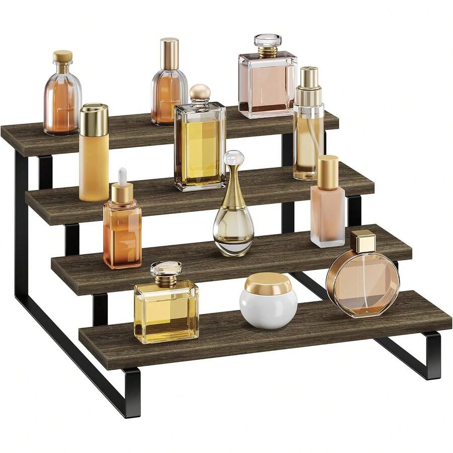 Wooden Display Riser Stand, 4 Tier Perfume Display Stand, Perfume Organizer With Metal Stand For Dresser, Display Shelf For Cologne, Spice Rack, Figruine, Cupcake - 4層棕色 - 查看 1