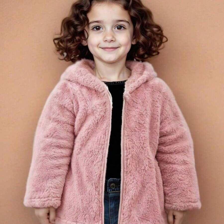 Children's And Youth Winter Cold Weather Blouse For Girls Teddy Coat With Hooded Hat Jacket - Màu Hồng baby - Xem 1