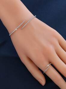 2pcs Jewelry Set: Bracelet And Ring, Minimalist And Fashionable, Double Pointed Cubic Zirconia Sparkling, Luxurious Style, Suitable As A Gift Or For Daily/Holiday Wear, For Women - Multicolor - View 6