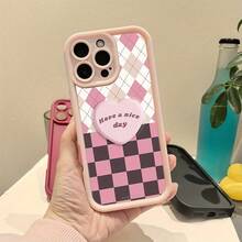 Funda rosa con diseño de corazón, cuadros argyle y estampado lindo y femenino [compatible con X/Xs/11/12/13/14/15/16 Pro/16 Promax] - Cubierta suave de TPU resistente a golpes, regalo para novia/mejor amiga, regalo de cumpleaños para mujeres, funda de teléfono estética y protectora - Rosa - Ver 4