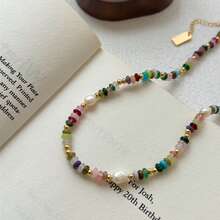1pc Summer Vintage Fashion Boho Jewelry Colorful Natural Crystal Stone Beaded Necklace For Women