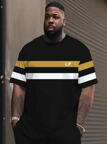 加大码男式圆领 T 恤，休闲条纹拼布，字母 U 印花，涤纶针织面料，轻盈弹力，宽松版型，舒适适合户外运动，加大码 - 彩色 - 查看 1