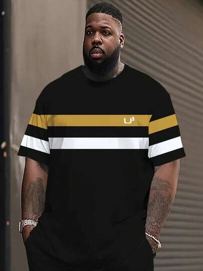 加大码男式圆领 T 恤，休闲条纹拼布，字母 U 印花，涤纶针织面料，轻盈弹力，宽松版型，舒适适合户外运动，加大码