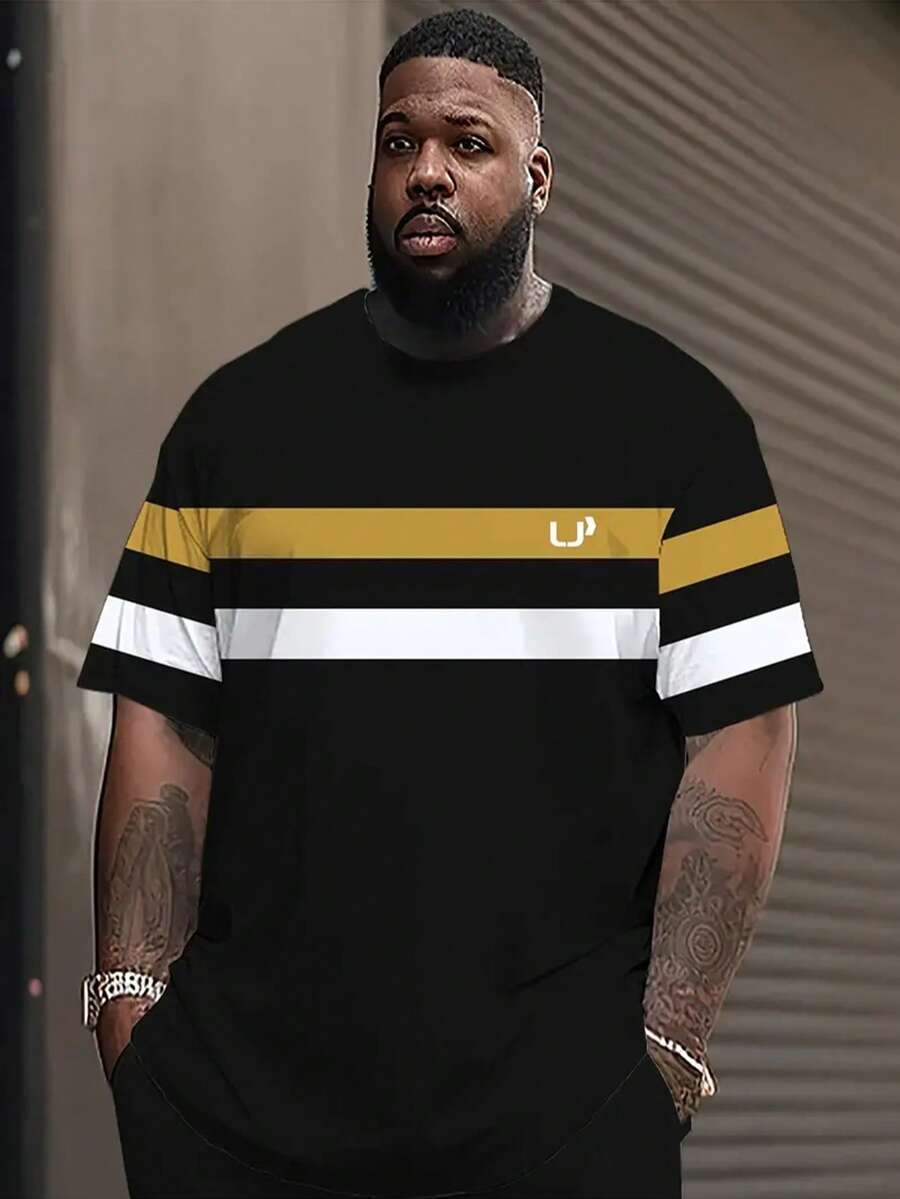 加大码男式圆领 T 恤，休闲条纹拼布，字母 U 印花，涤纶针织面料，轻盈弹力，宽松版型，舒适适合户外运动，加大码 - 彩色 - 查看 1