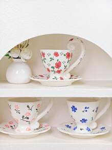 1 Set Taza de café de cerámica pintada a mano con plato, de estilo floral, de gran tamaño para uso doméstico y regreso a la escuela