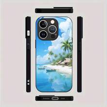 Tropical Beach Vacation Themed Glass Phone Case Suitable For IPhone 16 Pro Max, 15, 14 Plus, 13, 12, And 11. Anti-Slip, Lightweight,  Design, Suitable For Both Men And Women, Phone Case. - Black - View 2