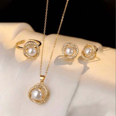 4pcs/Set Luxury Rhinestone Pearl Necklace, Ring, Earrings Jewelry Set For Women, Wedding Party