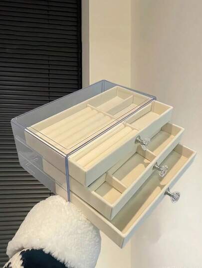 1pc Large Capacity Acrylic Jewelry Box, 3 Drawer Jewelry Storage Organizer, Multi-Functional Multi-Layer Jewelry Case, Casual Drawer Style Storage Box, Portable Travel Use, Suitable For Rings, Earrings, Necklaces, DIY Artistic Design, Lightweight, Handwash, Frameless Painting, Home Decor, Holiday Gift For Friends, Teachers, ParentsFor Women Storage Organizer Travel Essentials Back To School