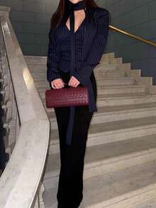 Women's Elegant Striped Blazer Jacket, Women's Scarf Tie-Up V-Neck Long Sleeve Luxury Outerwear Jacket - Blue - View 8