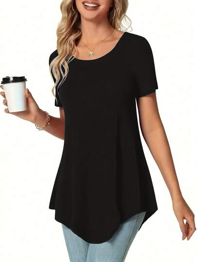 Camiseta informal asimétrica para mujer - Manga corta de cuello redondo, longitud desigual en la parte delantera y trasera, tela transpirable y no elástica, silueta en forma de H con ajuste regular, adecuada para primavera/verano, unicolor para uso casual, comodidad diaria, elegante jersey, moda primaveral, camiseta de alta calidad, camiseta básica, primavera/verano