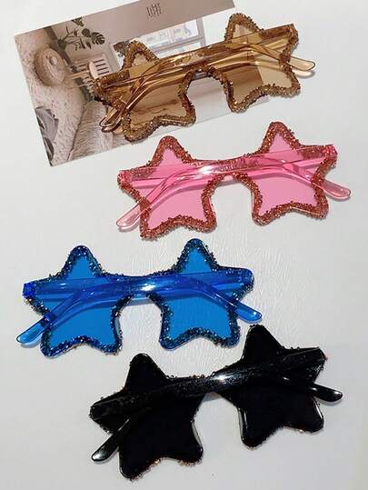 1 st/2 st/4 st nya handgjorda strassdekorerade, glitterutsmyckade, söta och eleganta dammode flerfärgade linser, stjärnfärgade godisfärgade, lämpliga för högtidsfester, gatufoton, styling, festbar och söta, stjärnformade personliga havsfärgade godisfärgade glasögon