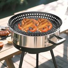 1 Stück Edelstahl Grill Korb - Runde perforierte Grillpfanne mit klappbarem Griff für Outdoor-Grill und Backen