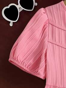 Left Mama Vestido de manga corta con lazo de unicolor elegante y dulce para niñas preadolescentes - Rosa - Ver 4