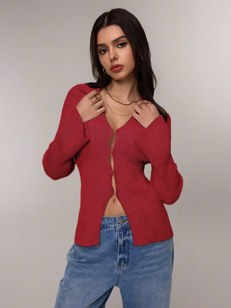 FOR BEAUTY 春秋新款复古纯色卷领长袖针织毛衣女修身简约百搭复古风喇叭袖毛衣开衫上衣 - 紅色 - 查看 1