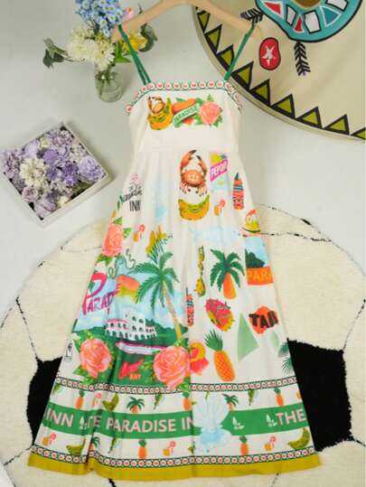 Vestido de mujer floreado con estampado de graffiti de lino, de tirantes finos y escote sexy