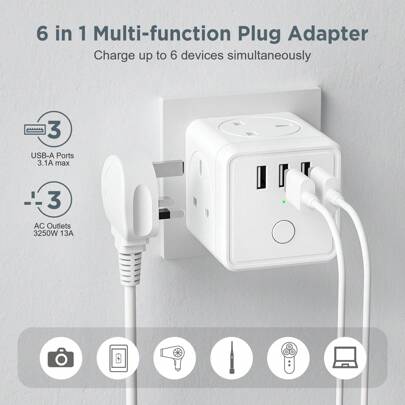 HITRENDS 1 British Plug Wall Power Socket, With 3 USB-A Charging Port Power Adapter, Surge Protector Power Board, LED Display Master Control Switch Socket, 13A 250V 2500W White, Suitable For Home, Travel, Office, Dormitory Conversion Power Socket