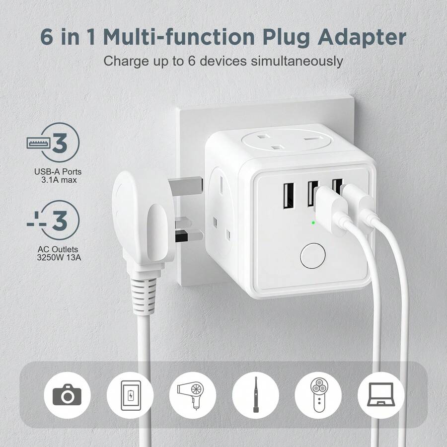 HITRENDS 1个英式插头墙壁电源插座，带3个USB-A充电端口、电源适配器、浪涌保护电源条、LED显示主开关插座，13A 250V 2500W，白色，适用于家庭、旅行、办公室、宿舍电源转换