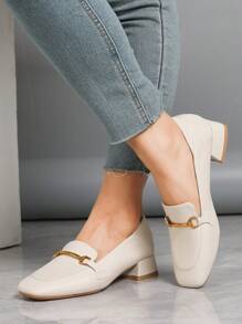 Women's Black Chunky Heeled Casual & Work Shoes, Square Toe Fashion Slip-On Loafers For Spring, Autumn, Winter