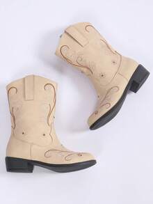 1 Pair Classic Girls Boots, Fashion Comfortable Non-Slip Durable Western Embroidered Versatile Riding Boots, Elegant Casual Boots, Retro Lightweight Boots, Suitable For Daily Wear - Beige - View 2